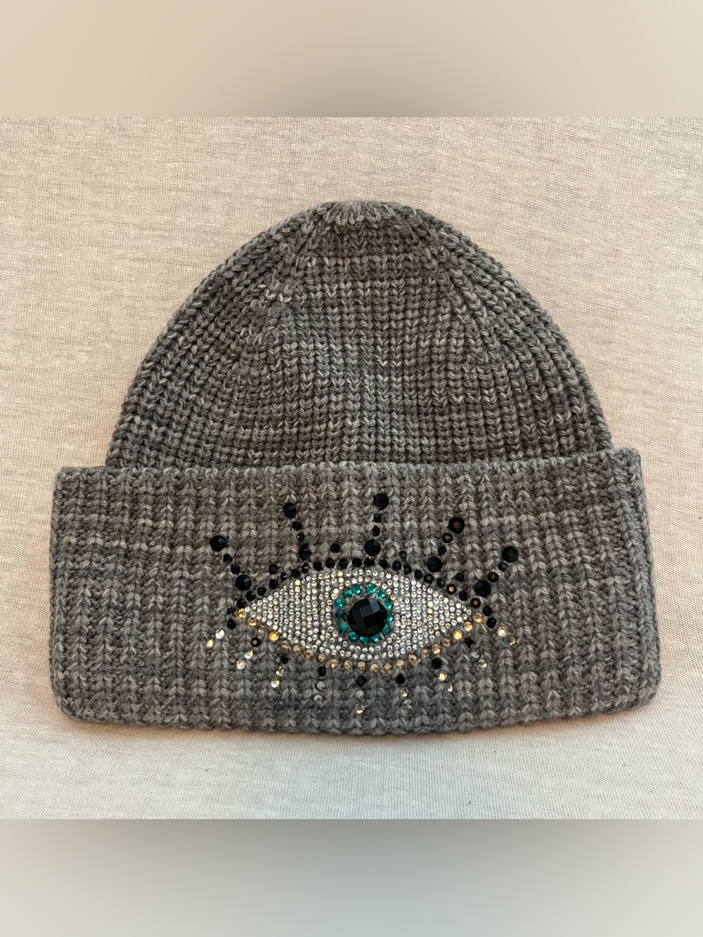Kurt Geiger Evil Eye Grey Knit Wool Blend Beanie with Crystal Embellishment
